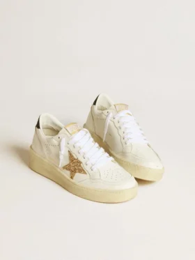 Women’s Ball Star in white leather with gold glitter star and black glitter heel tab