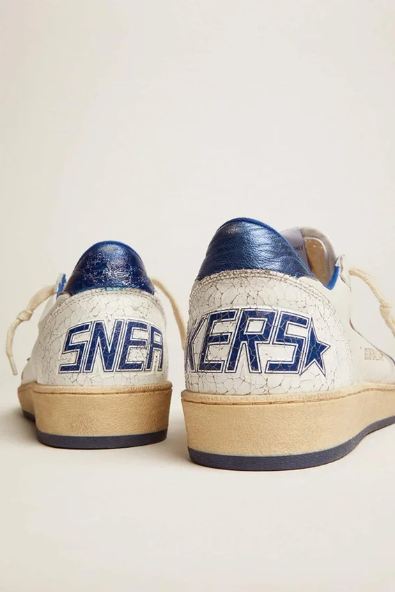 Women's Ball Star in white nappa with bright blue metallic leather star and heel tab
