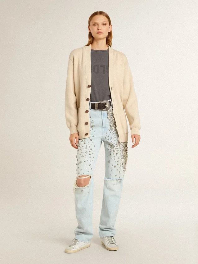 Women’s beige cardigan with 'Golden' lettering on the back