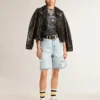 Women’s black leather biker jacket with glossy effect