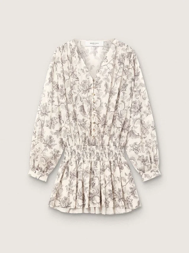 Women’s cotton mini-dress with black and white floral print