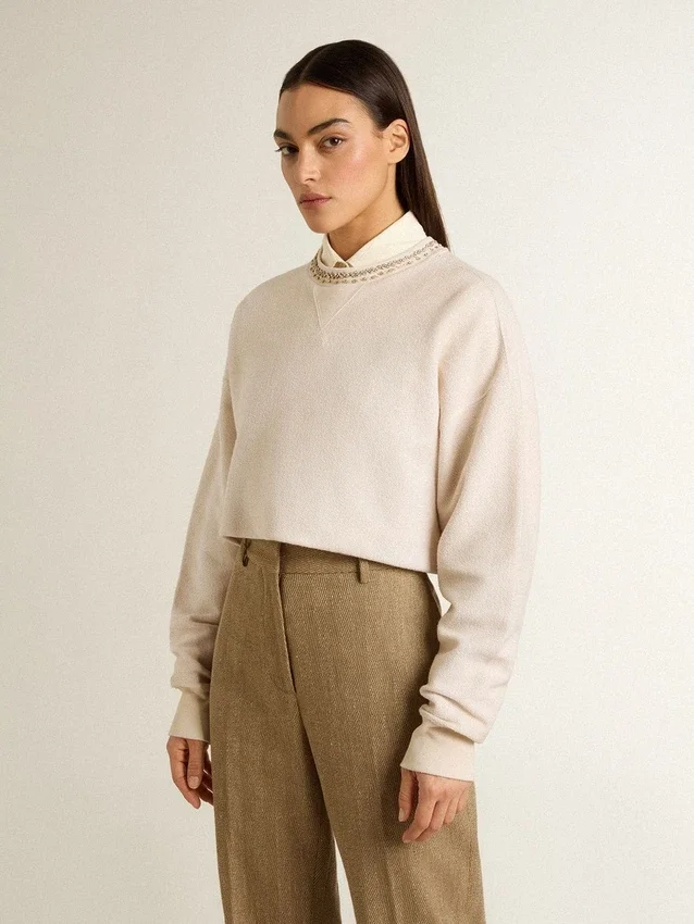 Women's cream cotton cropped sweatshirt with crystals on the front