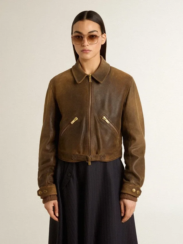 Women’s cropped brown leather biker jacket with zip