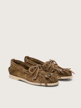 Women’s Cruise loafer in khaki suede with fringe and multicolored beads
