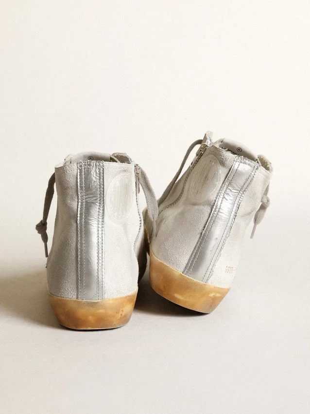 Women’s Francy in white suede with black leather star and silver Swarovski crystal tongue