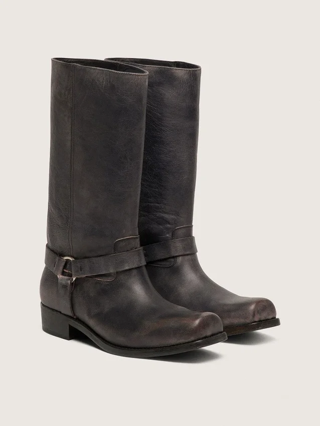 Women's high Biker boots in black leather with strap and silver-colored buckle