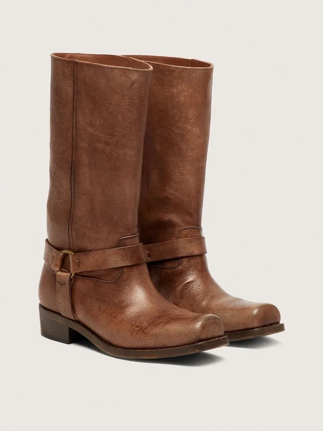 Women's high Biker boots in brown leather with strap and antique gold-colored buckle