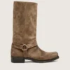 Women's high Biker boots in dark beige waxed suede with strap and a silver-colored buckle