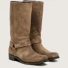 Women's high Biker boots in dark beige waxed suede with strap and a silver-colored buckle