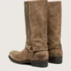 Women's high Biker boots in dark beige waxed suede with strap and a silver-colored buckle
