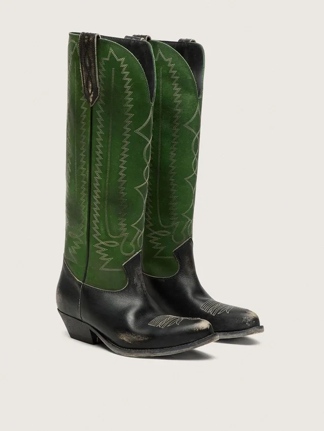 Women's high Wish Star boots in black leather with green leather leg and white embroidery
