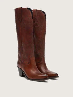 Women’s high Wish Star boots in brown leather with floral embroidery
