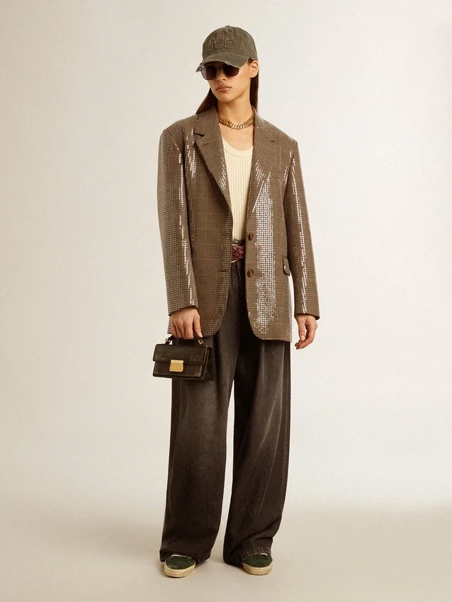 Women's houndstooth jacket with all-over sequin embroidery