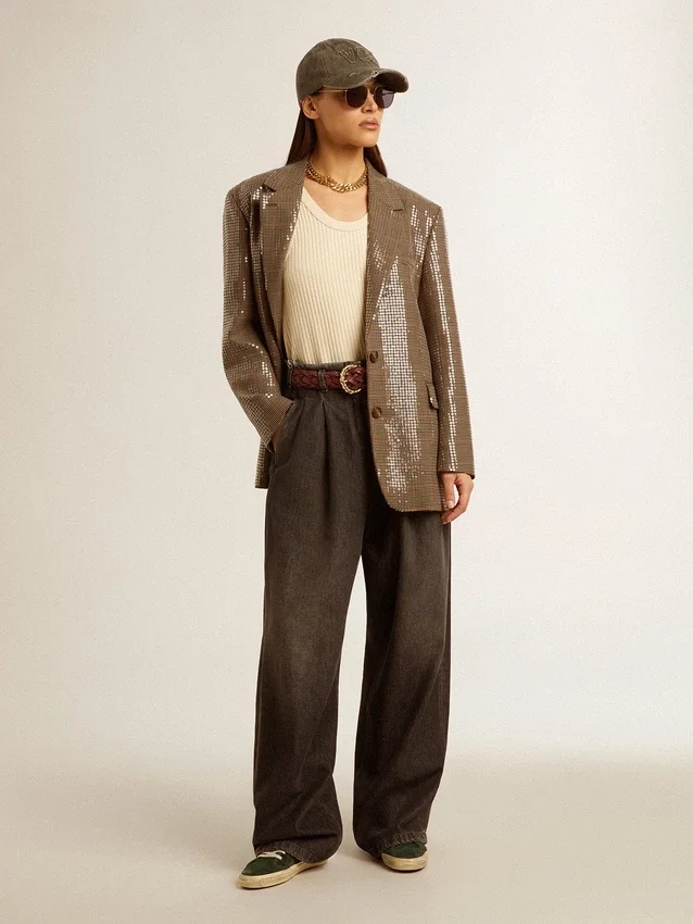 Women's houndstooth jacket with all-over sequin embroidery
