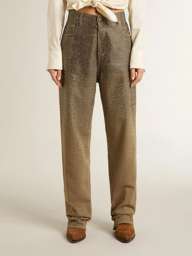 Women's khaki cotton pants with gradient Swarovski effect