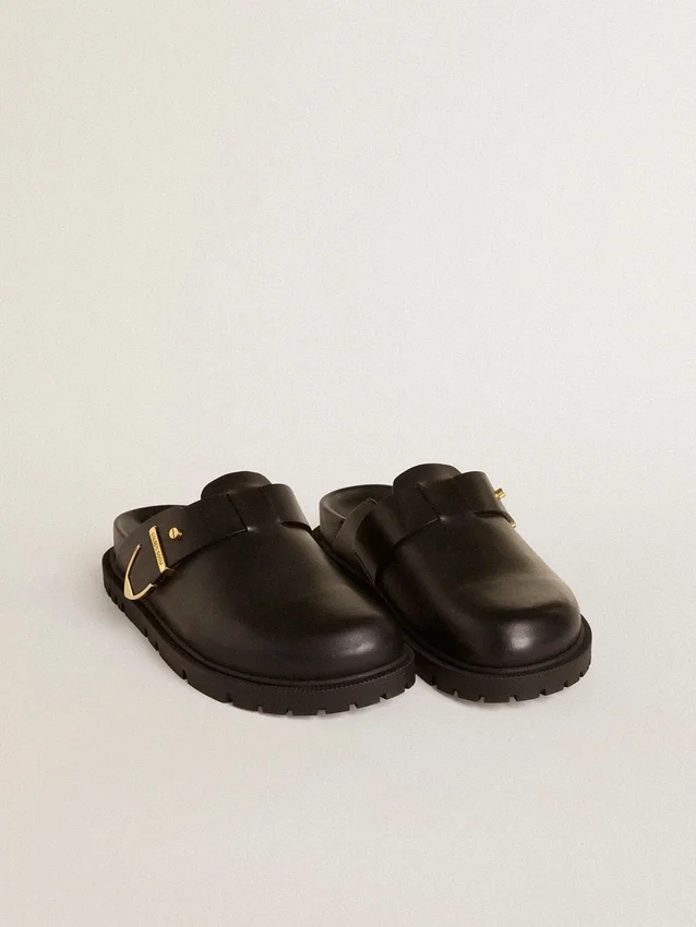 Women's Lucy Sabot in glossy black leather with gold metal buckle