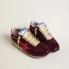 Women's Marathon in burgundy mesh and suede with printed pink star