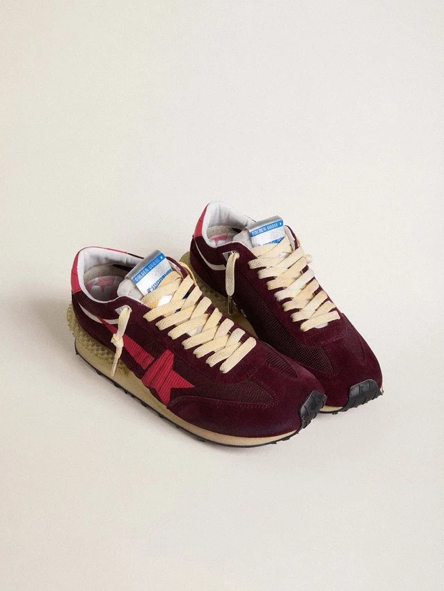 Women's Marathon in burgundy mesh and suede with printed pink star