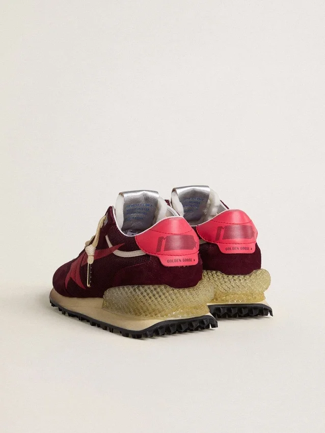 Women's Marathon in burgundy mesh and suede with printed pink star