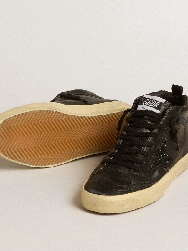 Women's Mid Star in black nappa with black glitter star and suede flash