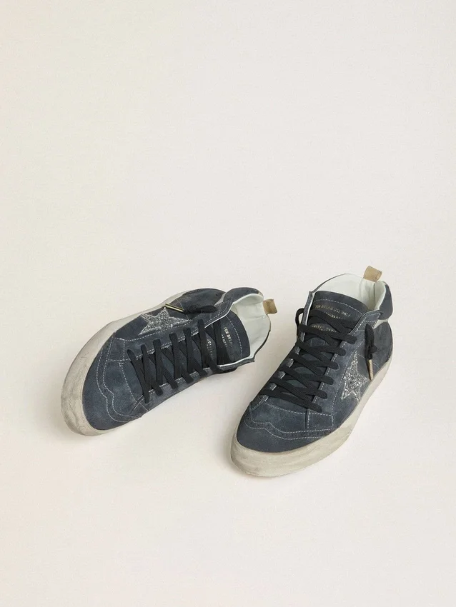 Women's Mid Star in petrol-blue suede with silver glitter star and cotton flash