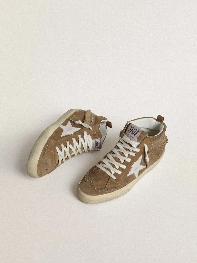 Women's Mid Star in tobacco suede with fringing and studs