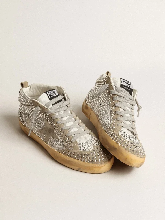 Women’s Mid Star in white and dove-gray suede with Swarovski crystals
