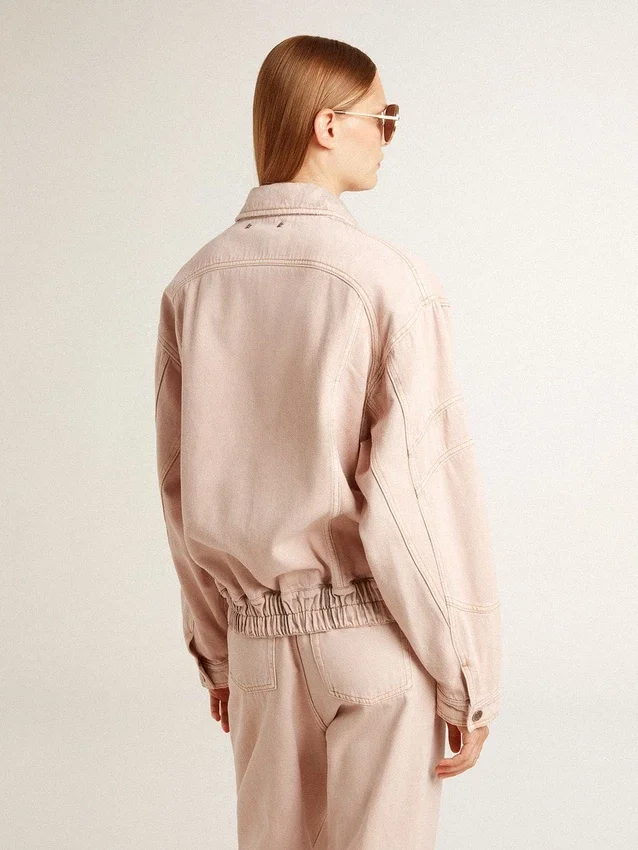 Women's pink dyed denim bomber jacket