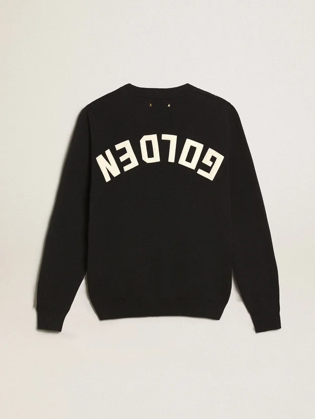 Women’s round-neck sweater in dark blue cotton with logo on the back