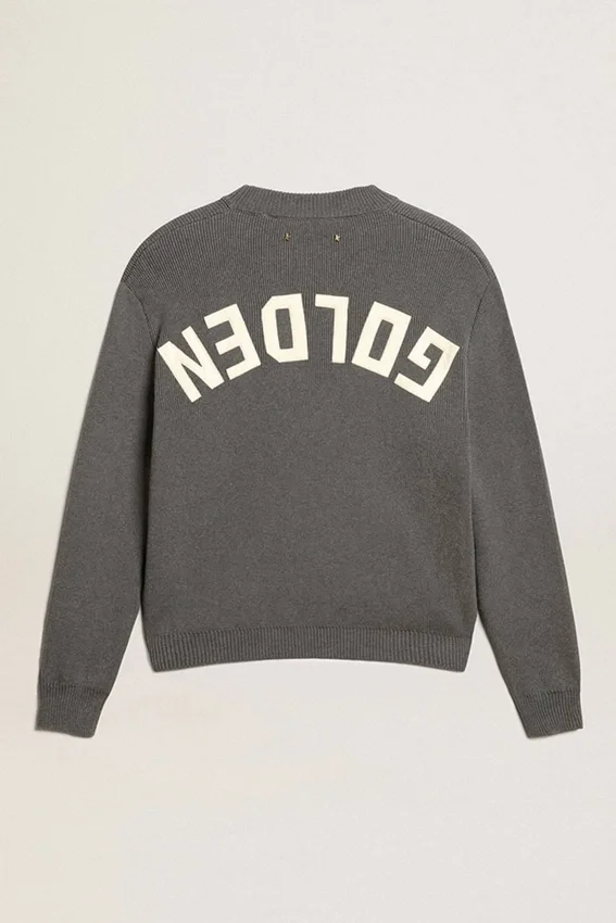 Women's round-neck sweater in dark gray cotton with logo on the back