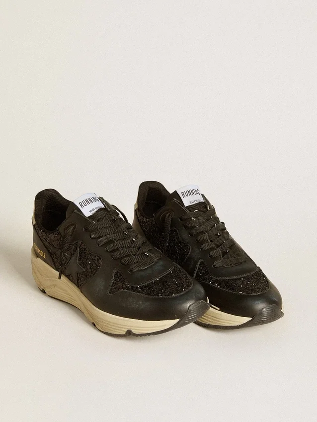 Women's Running Sole in black glitter with leather star and nubuck heel tab