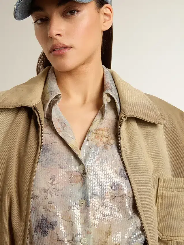 Women's shirt dress with multicolor sequined floral print