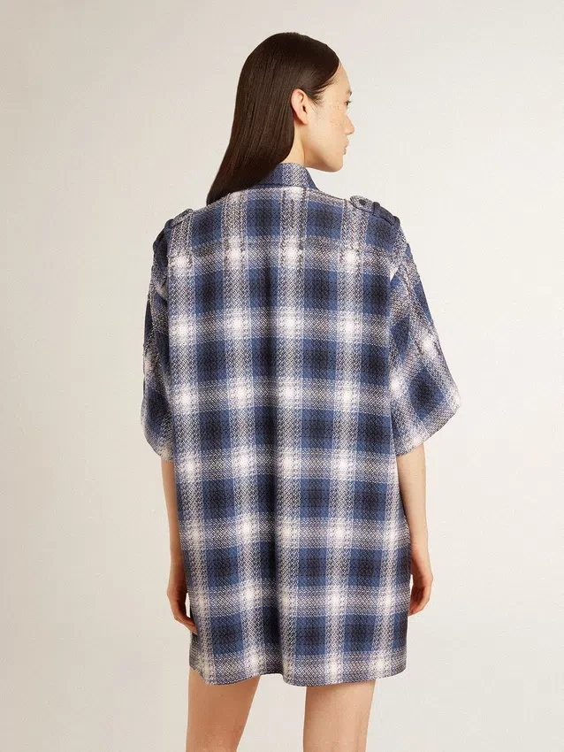 Women's short shirt dress with 3D checkerboard pattern and embroidery