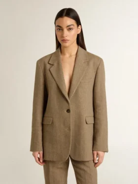 Women’s single-breasted blazer in sand-colored herringbone