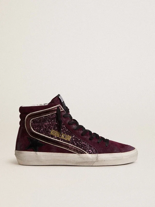 Women's Slide in black cherry glitter and suede with leather star and metallic leather flash