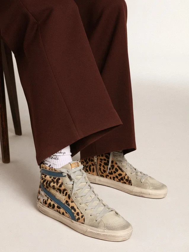 Women's Slide in leopard print pony skin with silver leather star
