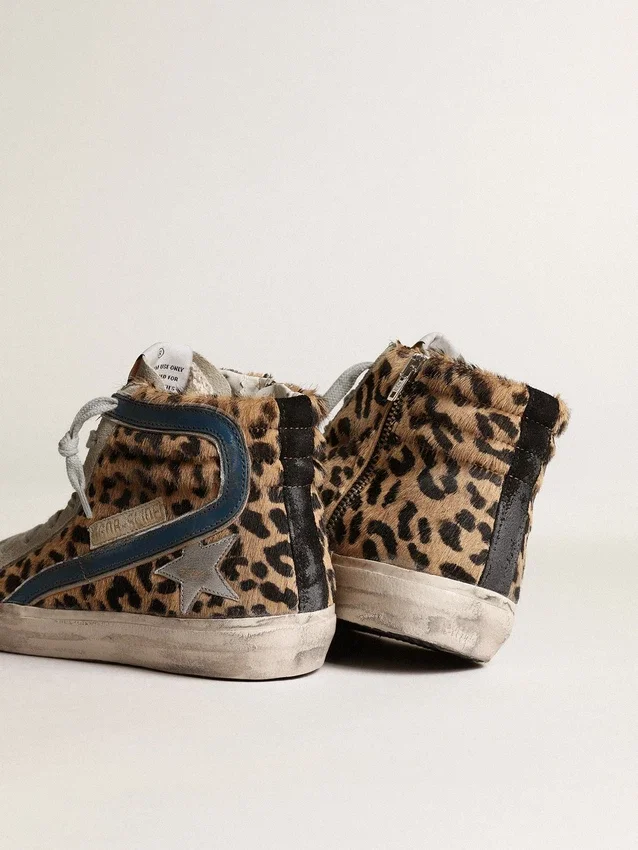 Women's Slide in leopard print pony skin with silver leather star