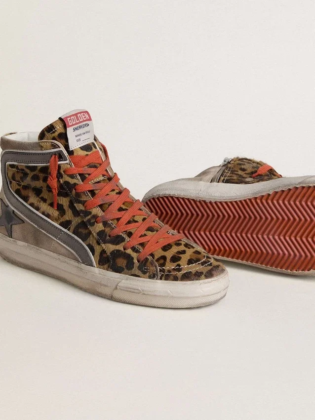 Women’s Slide LTD in leopard-print pony skin with metallic leather star and flash
