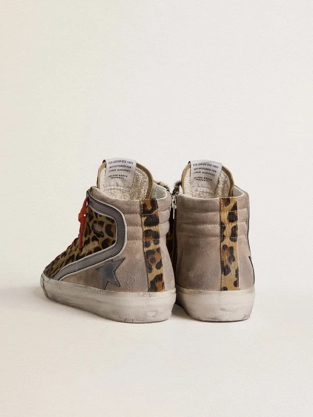 Women’s Slide LTD in leopard-print pony skin with metallic leather star and flash