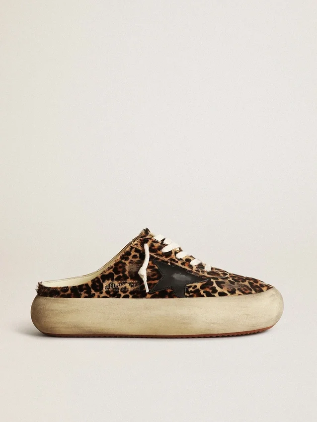 Women's Space-Star Sabot in leopard print pony skin with black star