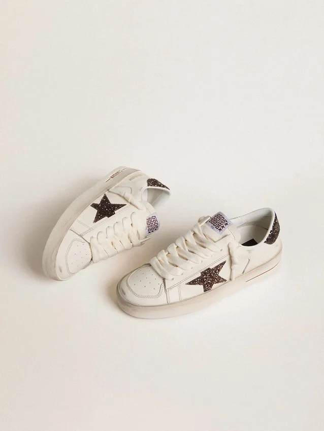 Women's Stardan in white leather with brown glitter star and heel tab