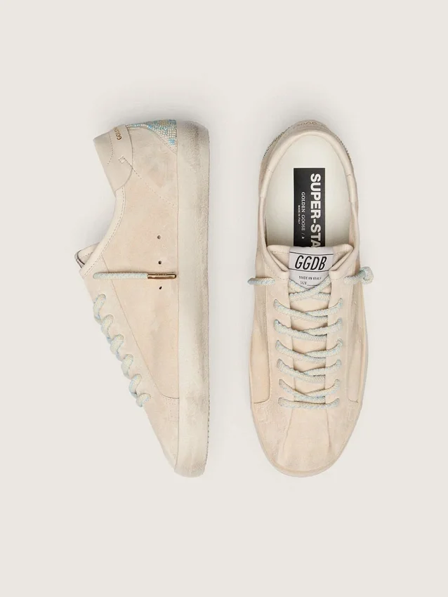 Women’s Super-Star in cream suede with perforated star and bead insert