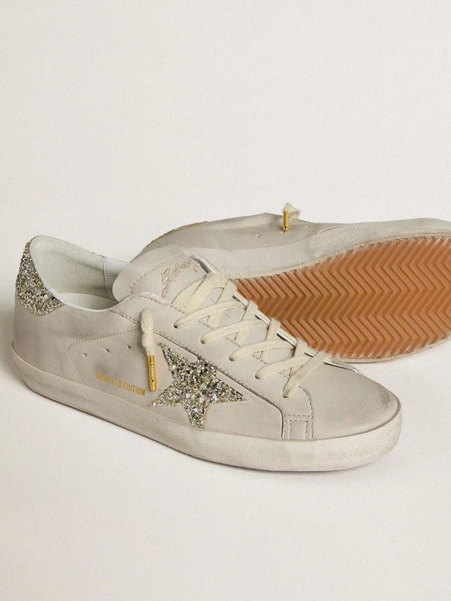 Women's Super-Star in ivory nappa leather with platinum glitter star and heel tab