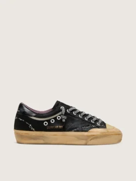 Women's Super-Star LAB in black laminated suede and nylon with raised star and laces with crystals