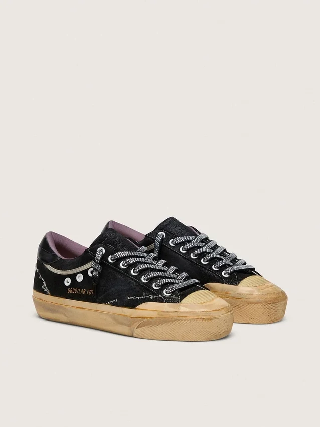 Women's Super-Star LAB in black laminated suede and nylon with raised star and laces with crystals
