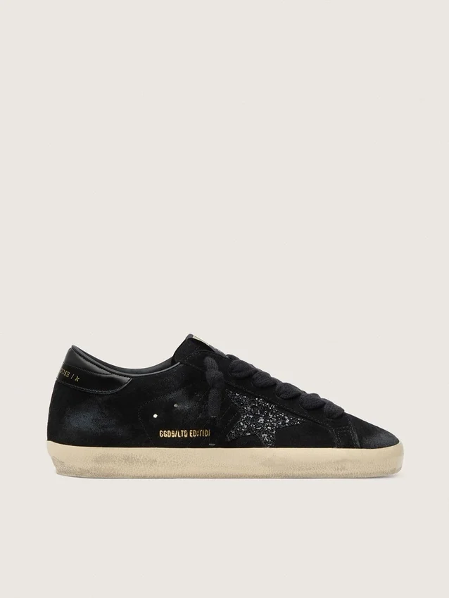 Women's Super-Star LTD in black suede with black glitter star and black leather heel tab