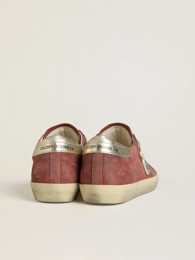 Women's Super-Star LTD in red suede with silver glitter star and laminated leather heel tab