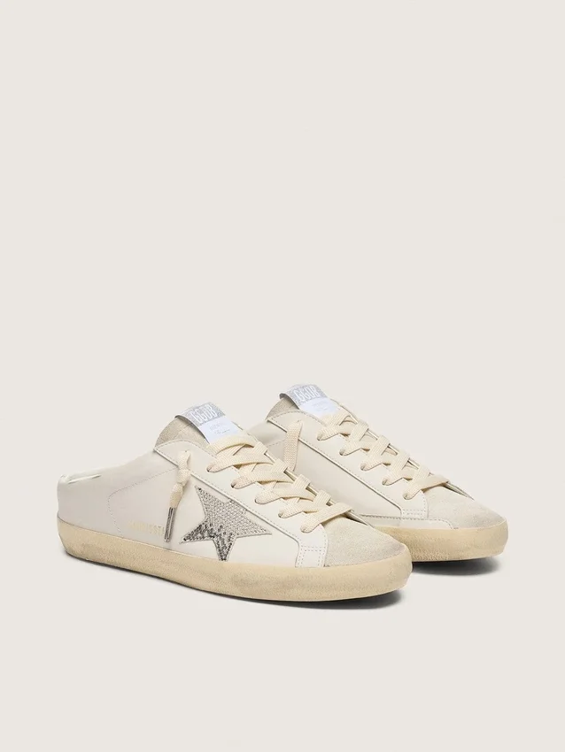 Women's Super-Star Sabots in white leather with Swarovski star