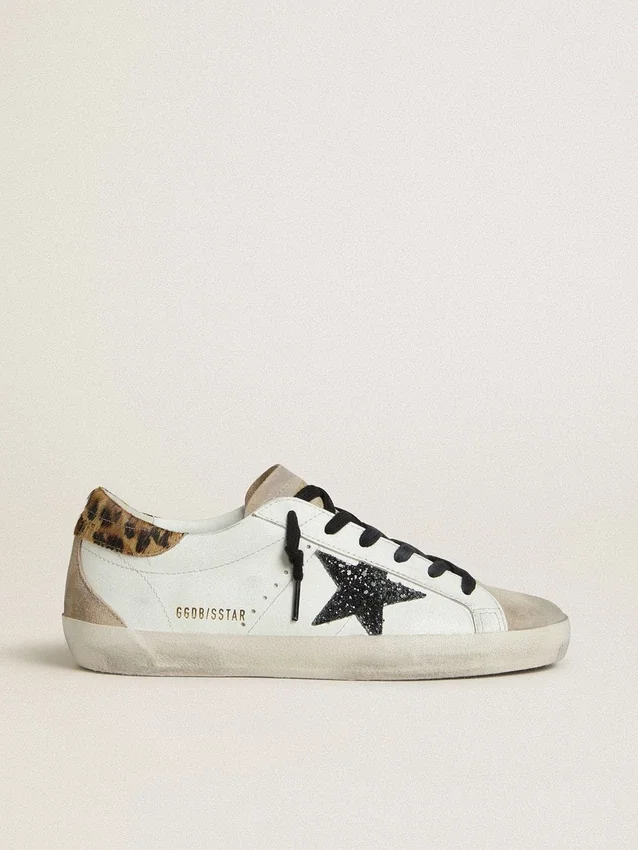 Women's Super-Star with black glitter star and leopard-print pony skin heel tab