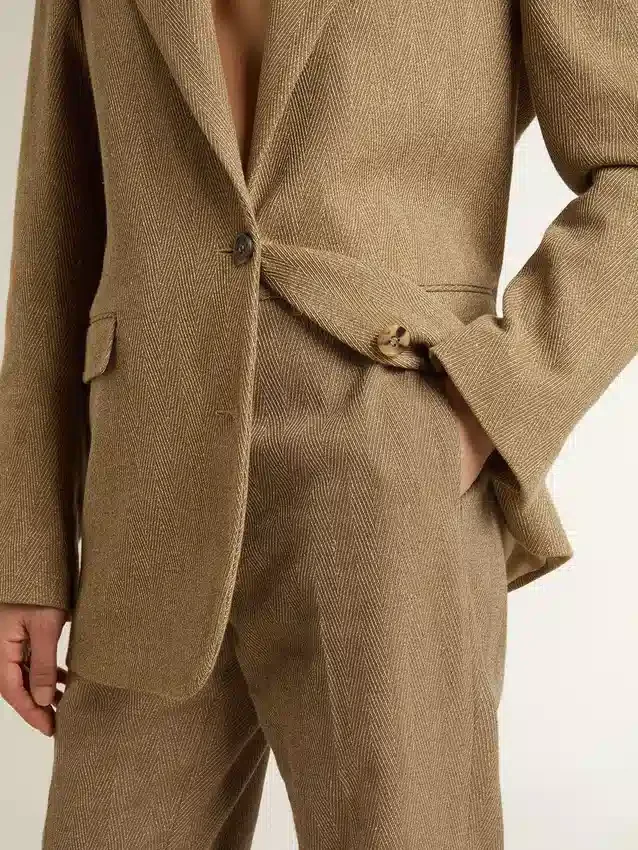 Women's trousers in a sand-colored herringbone linen blend
